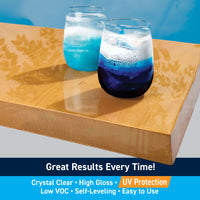 Two glasses with blue and purple layered liquid on a wooden surface with promotional text about product features.