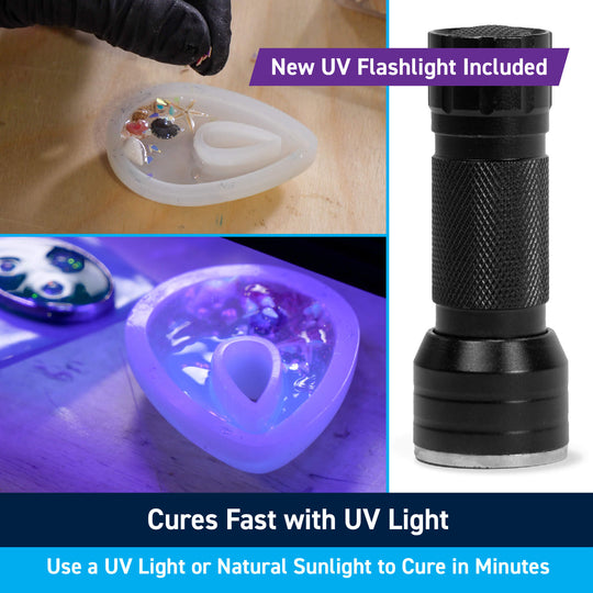 Clear UV Epoxy and a UV flashlight in a kit for filling holes, art pieces, woodworking, and epoxy projects.