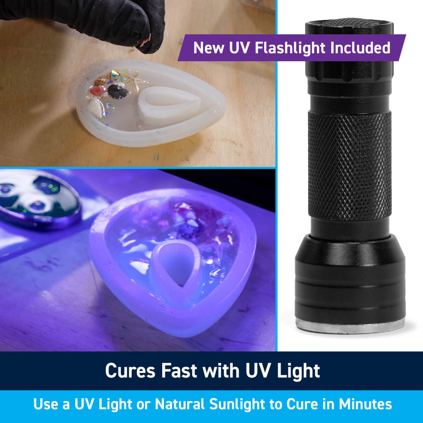 Clear UV Epoxy and a UV flashlight in a kit for filling holes, art pieces, woodworking, and epoxy projects.
