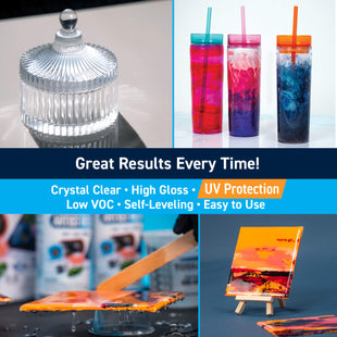 Collage of crystal clear lid, colorful tumblers, and painting supplies with text about product features.