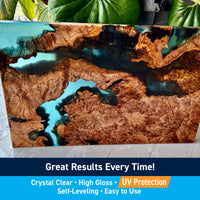 Wooden table with blue resin finish, surrounded by green leaves.