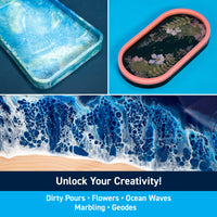 Collage of phone cases with marbled designs on a blue background, featuring text 'Unlock Your Creativity!'.