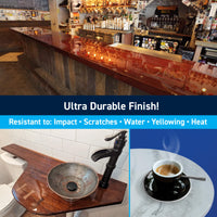Bar counter with ultra durable finish feature highlighted, including images of a sink and coffee cup.