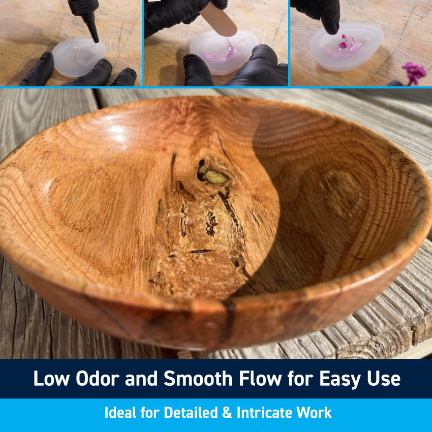 Clear UV Epoxy and a UV flashlight in a kit for filling holes, art pieces, woodworking, and epoxy projects.