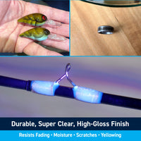 Collage of fishing lures, a metal object on wood, and a blue fishing rod with text about finish quality.