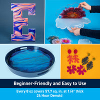 Collage of marbled letter 'E', resin mold, blue resin tray, and floral design with text about resin product features.