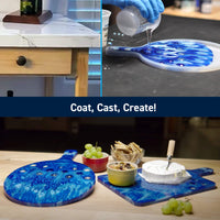 Blue marbled resin coaster being used on a table with food items.