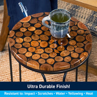 Round wooden table with a mug on top, featuring an ultra-durable finish text overlay.