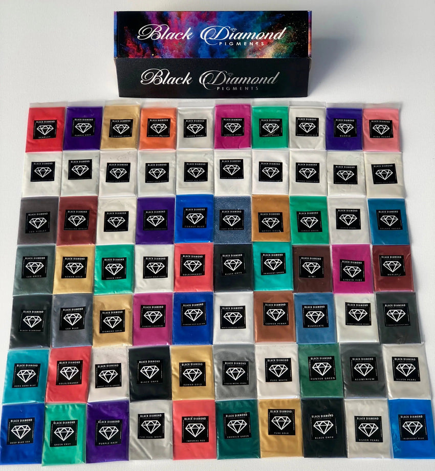 "MICA PIGMENT BOX 1" (7 VARIETY PACKS) 70-5g packs TOTAL including GHOST pigments (Epoxy,Slime,Resin,Soap) Black Diamond Pigments®