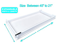 A white plastic expandable baby dresser tray shown at an angle on a white background, with cyan text reading 'Size Between 45" to 21"' and a badge that says 'EXPANDABLE WIDTH & LENGTH.'.