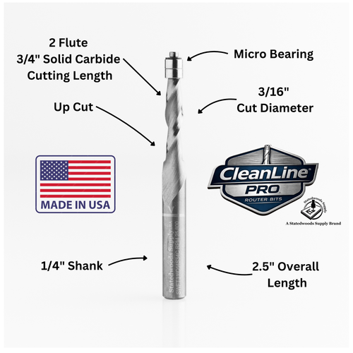 CleanLine Pro 3/16" Up-Cut Carbide Micro Bearing Flush Trim Router Bit