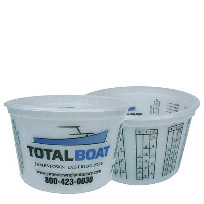 Two plastic containers with measurement markings and 'Total Boat' branding on a white background