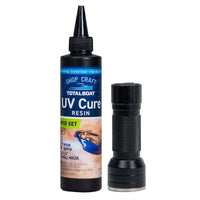 Clear UV Epoxy and a UV flashlight in a kit for filling holes, art pieces, woodworking, and epoxy projects.