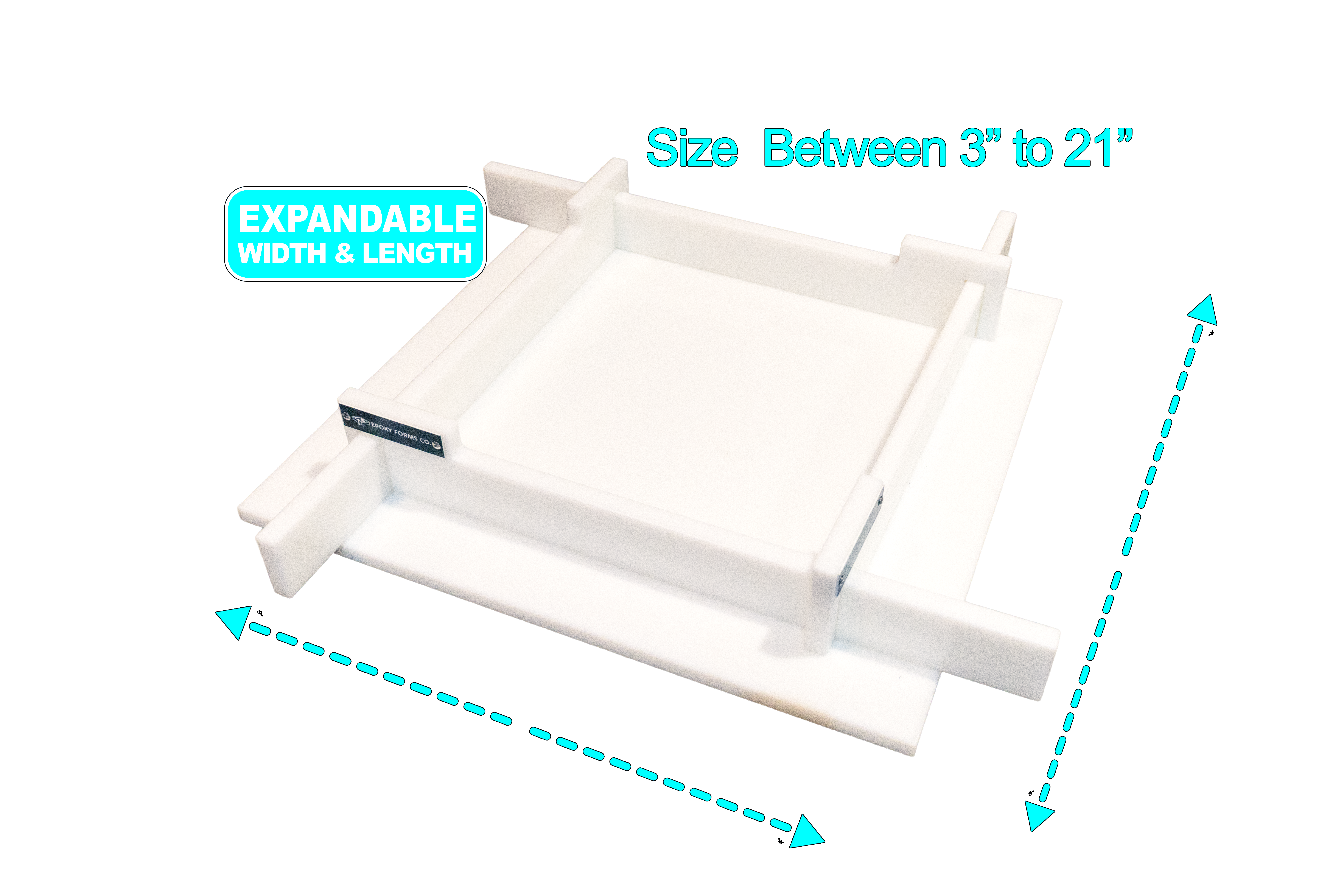 Universal Epoxy Form Kit adjusted to different interior sizes showing the adjustable range from 3 inches to 21 inches