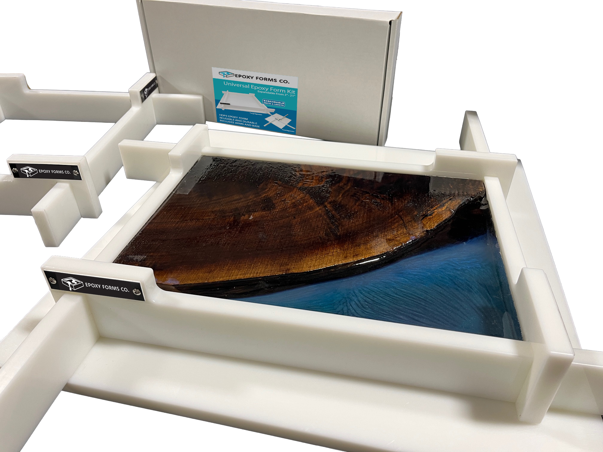 Live edge wood clamped inside a Universal HDPE epoxy form ready for a river table pour